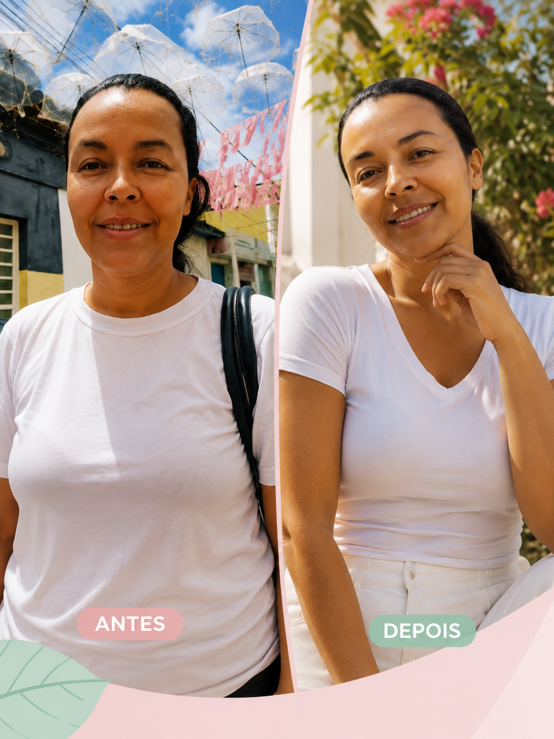Mulher antes e depois do Projeto Corpo Leve, sorrindo, sob luz natural