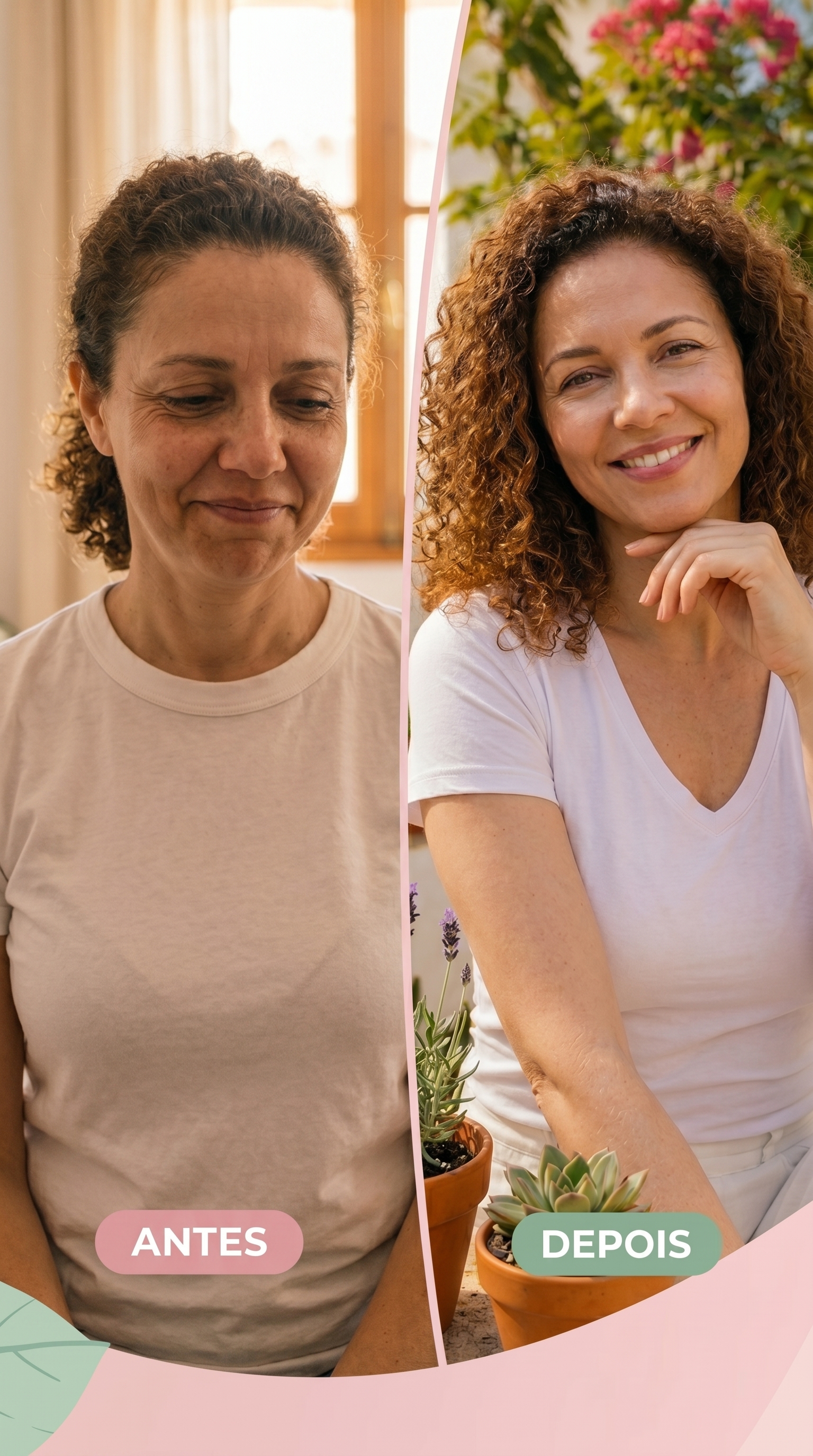 Mulher antes e depois do Projeto Corpo Leve, sorrindo, sob luz natural
